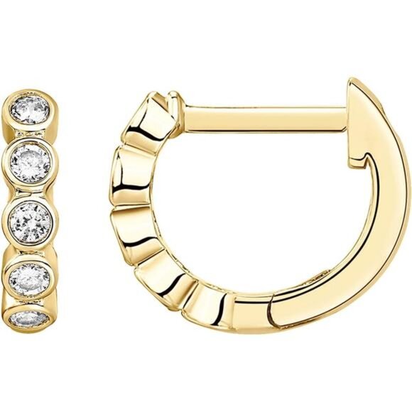 14K Gold Plated 925 Sterling Silver Post Pave Cubic Zirconia Huggie Hoop - Picture 1 of 6